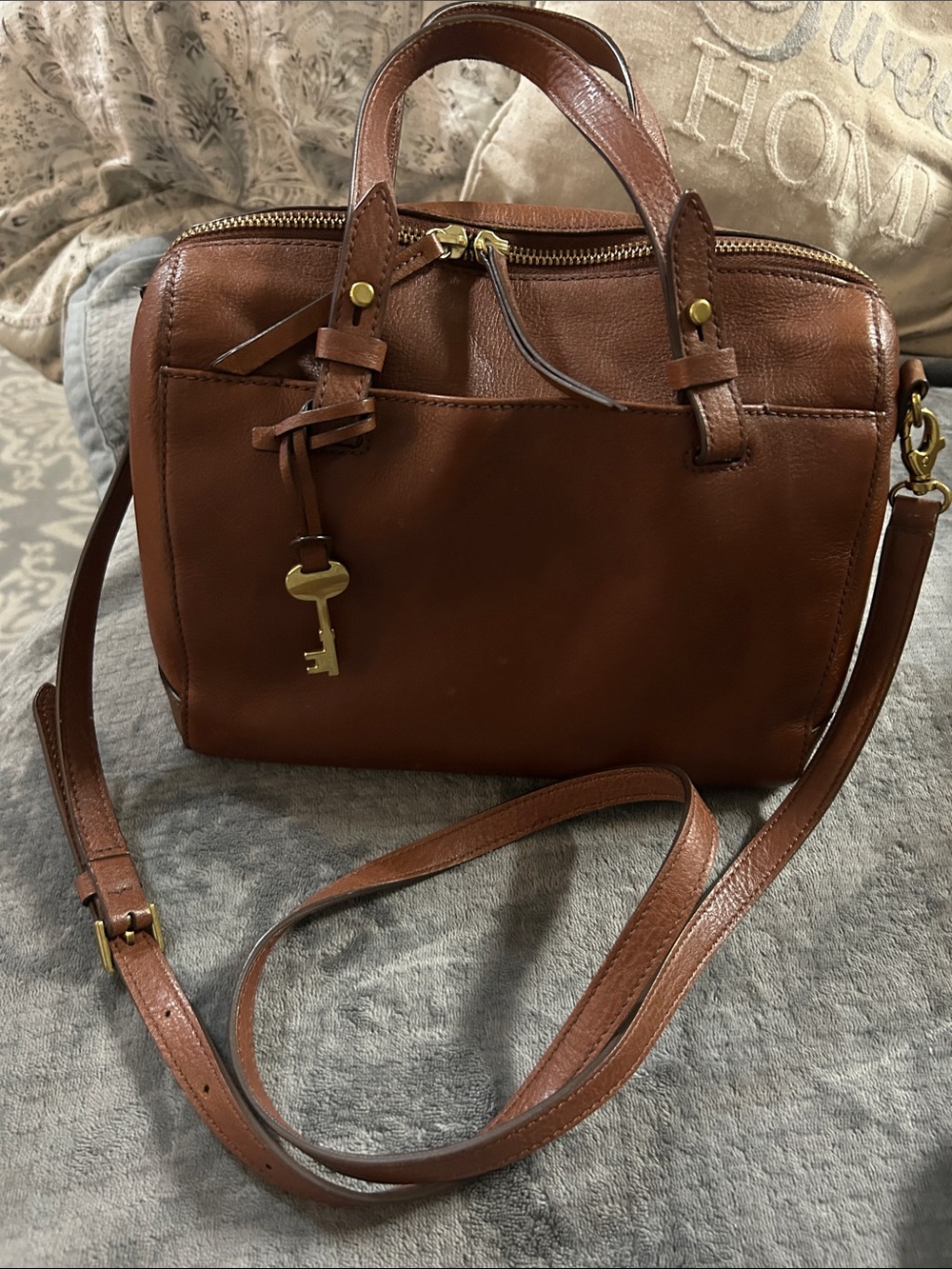 Fossil Cognac Brown Leather Satchel with Key Charm